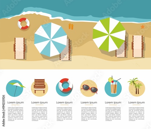 Summer Vacation and Tourism. Chaise lounge and umbrella on beach. Icon  infographic