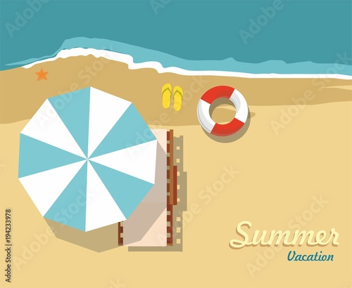 Chaise lounge and umbrella on the beach. Vacation and Tourism		
