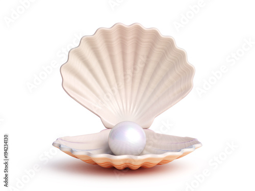 Pearl inside seashell isolated on white background 3d rendering photo