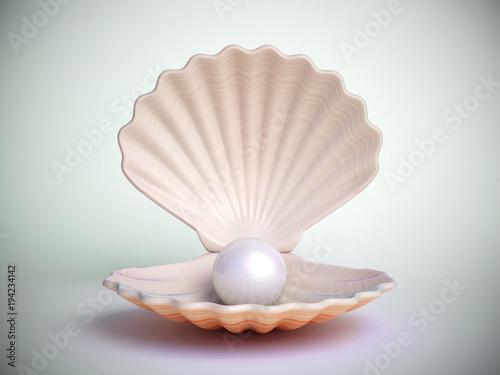 Pearl inside seashell isolated on white background 3d rendering