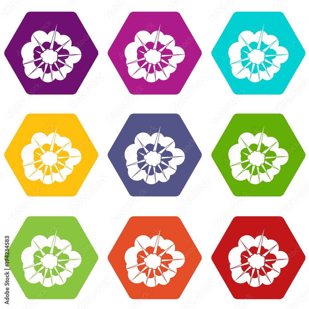 Cloudy explosion icon set color hexahedron Cloudy explosion icon set color hexahedron