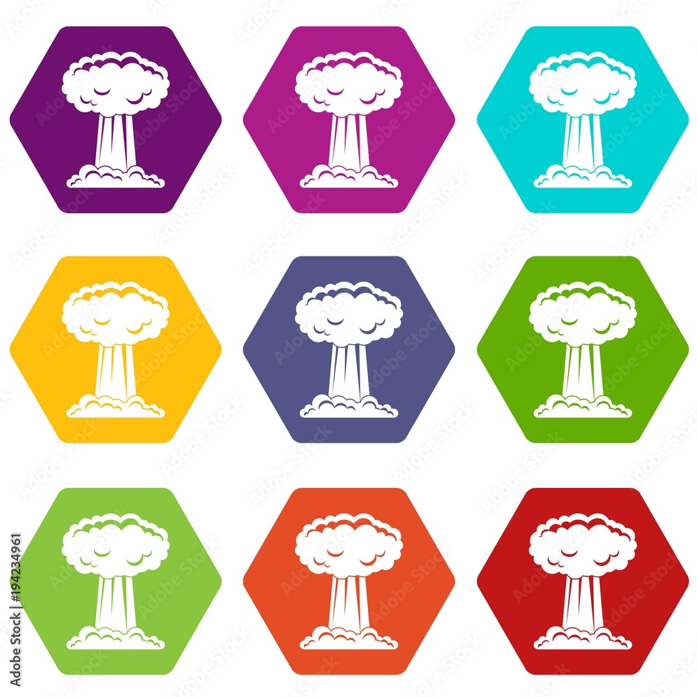 Mushroom cloud icon set color hexahedron
