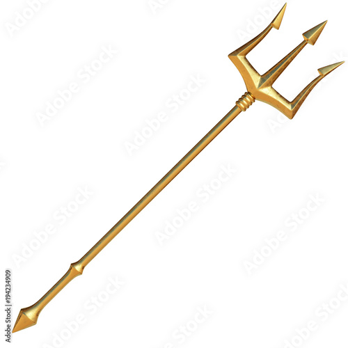Golden trident, isolated on white background, 3d rendering photo