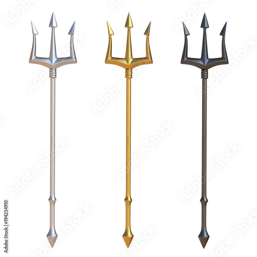 Tridents, silver, golden and black metal, isolated on white background, 3d rendering photo