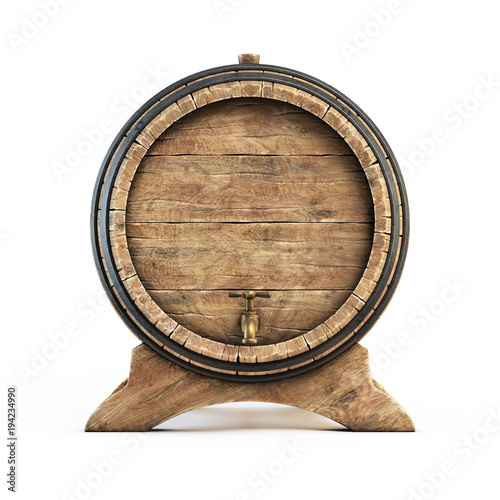 Fototapet Wooden barrel isolated on white background, wine, beer, alcohol drink storage 3d
