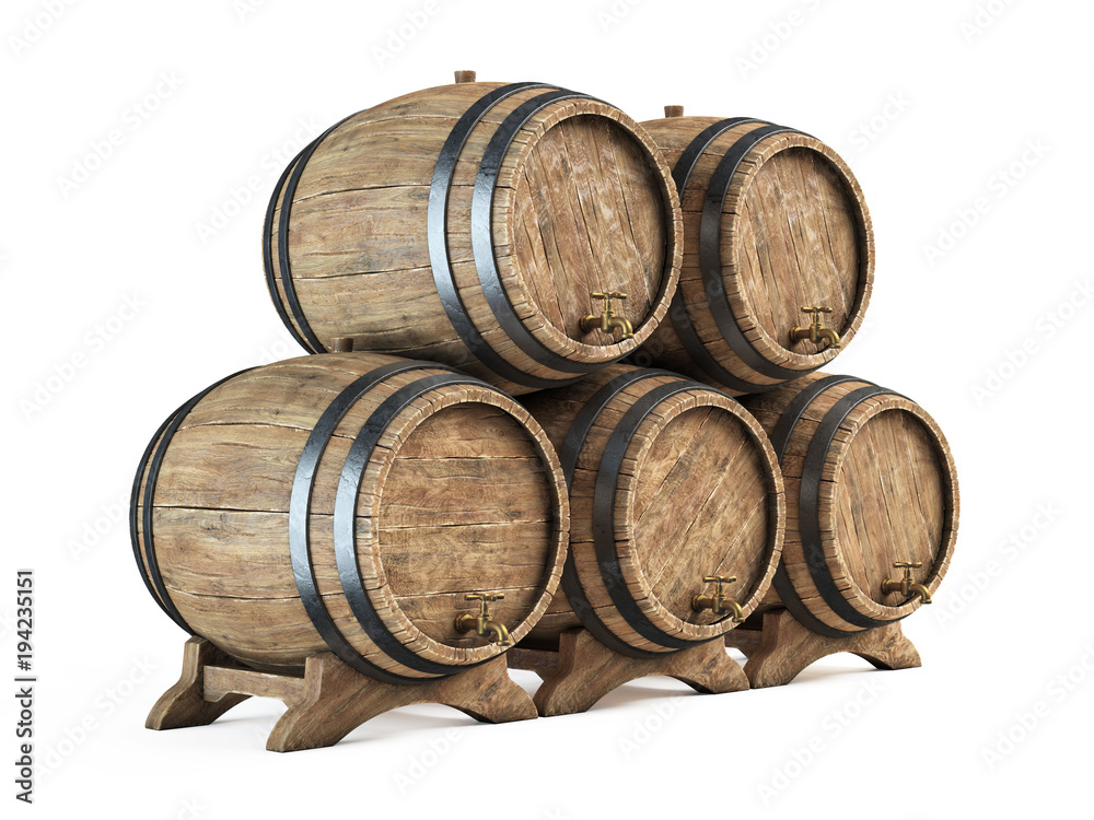 Wooden barrels stack isolated on white background, Wine cellar 3d illustration
