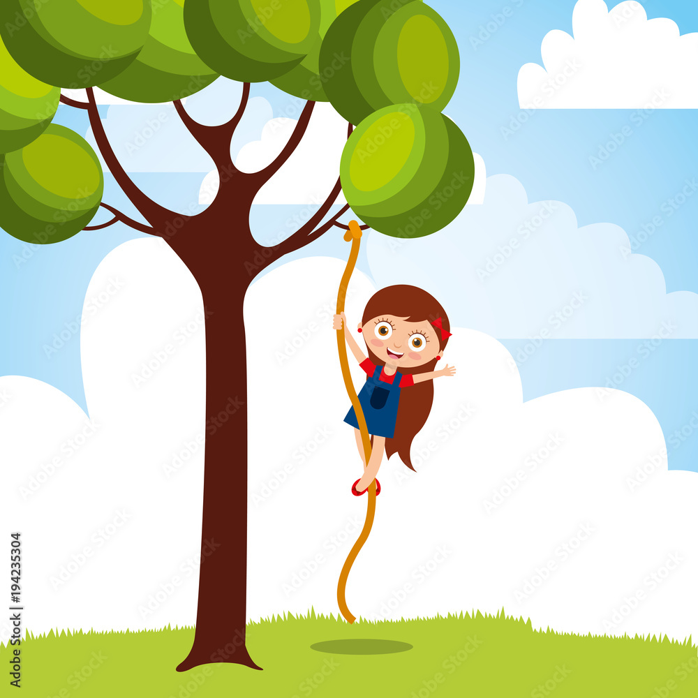 beautiful girl climbing up with rope the tree vector illustration