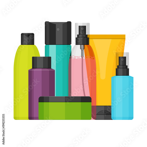 Colorful vector cosmetic bottles set for beauty and cleanser, skin and body care, toiletres. Flat design on a white background. Cream, tooth paste, shampoo, gel, spray and tube