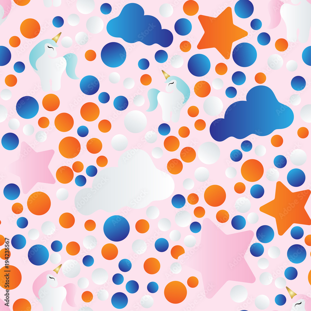 pattern with cartoon unicorn, clouds and stars pattern with cartoon unicorn, clouds and stars