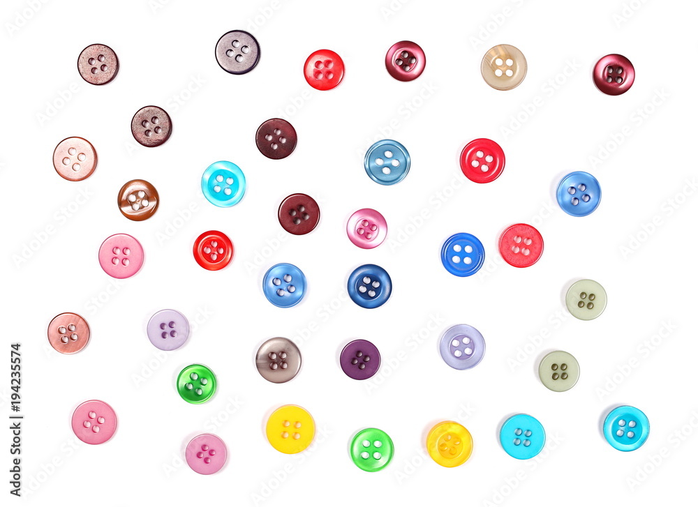 Colorful sewing buttons isolated on white background, top view
