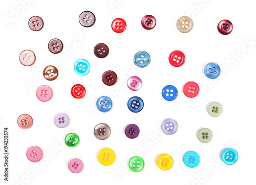 Colorful sewing buttons isolated on white background, top view