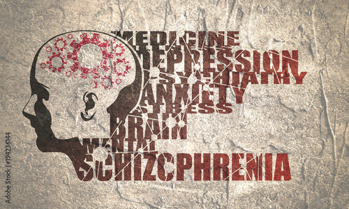 Abstract illustration of a human head. Woman face silhouette. Medical theme creative concept. Schizophrenia disease tags cloud. Damaged gears in brain as symbol of mental disease