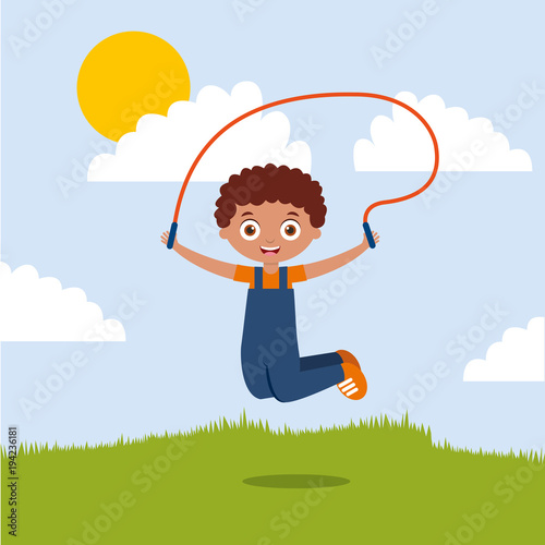 cute boy playing jumping rope in the park vector illustration