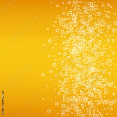 Beer background with realistic bubbles. Cool beverage for restaurant menu design, banners and flyers. Yellow square beer background with white frothy foam. Cold glass of ale for brewery design. photo