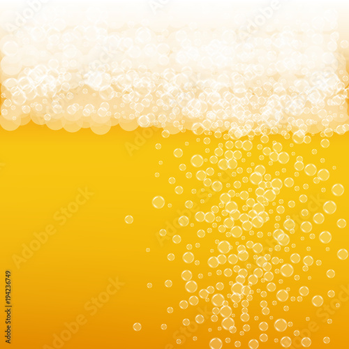 Beer background with realistic bubbles. Cool beverage for restaurant menu design, banners and flyers. Yellow square beer background with white frothy foam. Cold glass of ale for brewery design.