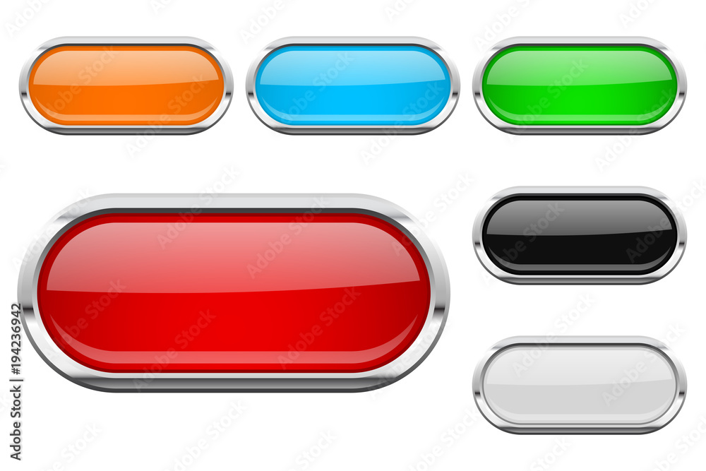 Glass buttons with chrome frame. Colored set of shiny oval 3d web icons Glass buttons with chrome frame. Colored set of shiny oval 3d web icons