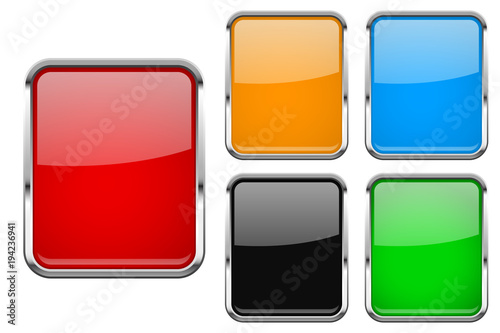 Glass buttons with chrome frame. Colored set of shiny square 3d web icons