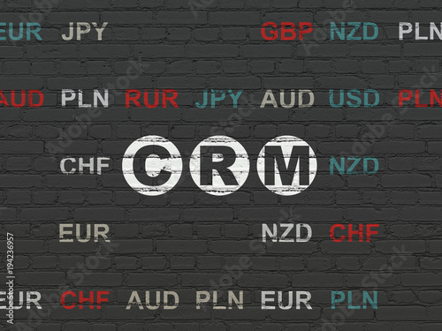 Business concept: Painted white text CRM on Black Brick wall background with Currency
