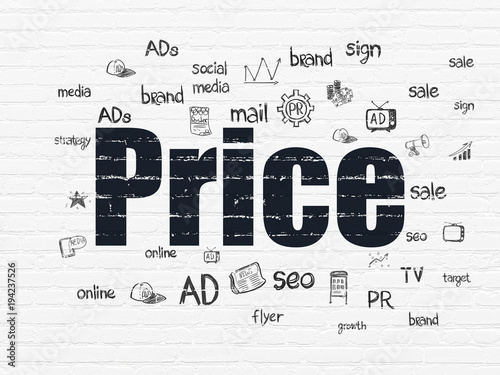 Advertising concept  Painted black text Price on White Brick wall background with  Hand Drawn Marketing Icons