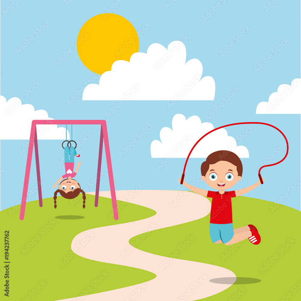 happy kids playing jum rope and bar monkey enjoy vector illustration