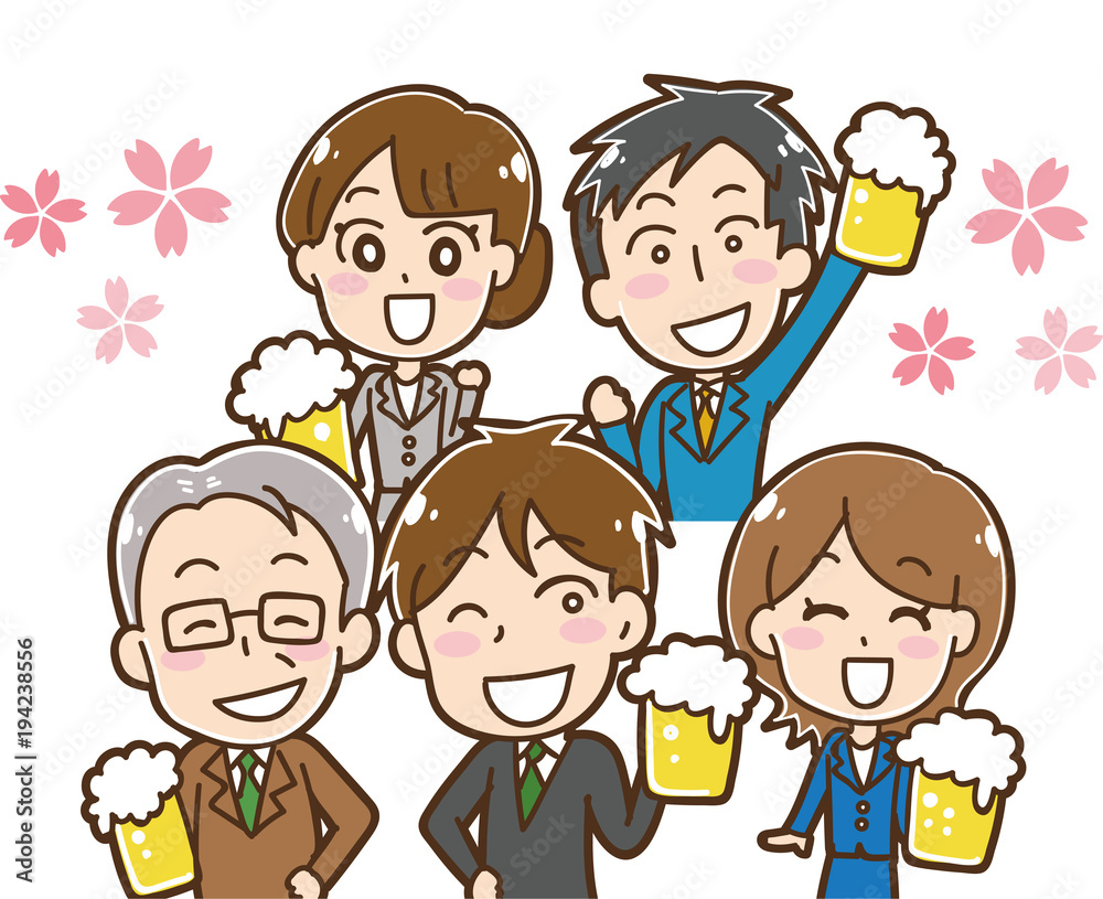 桜と生ビールを持つ会社員のイラスト素材 桜と生ビールを持つ会社員のイラスト素材