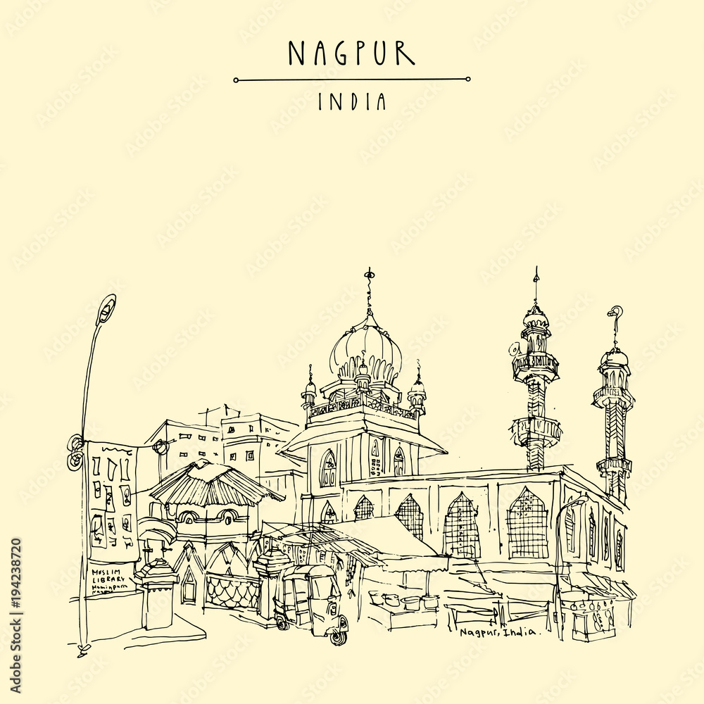 Nagpur, Maharashtra, India. Mosque, market and Muslim library. Travel sketch. Vintage hand drawn postcard