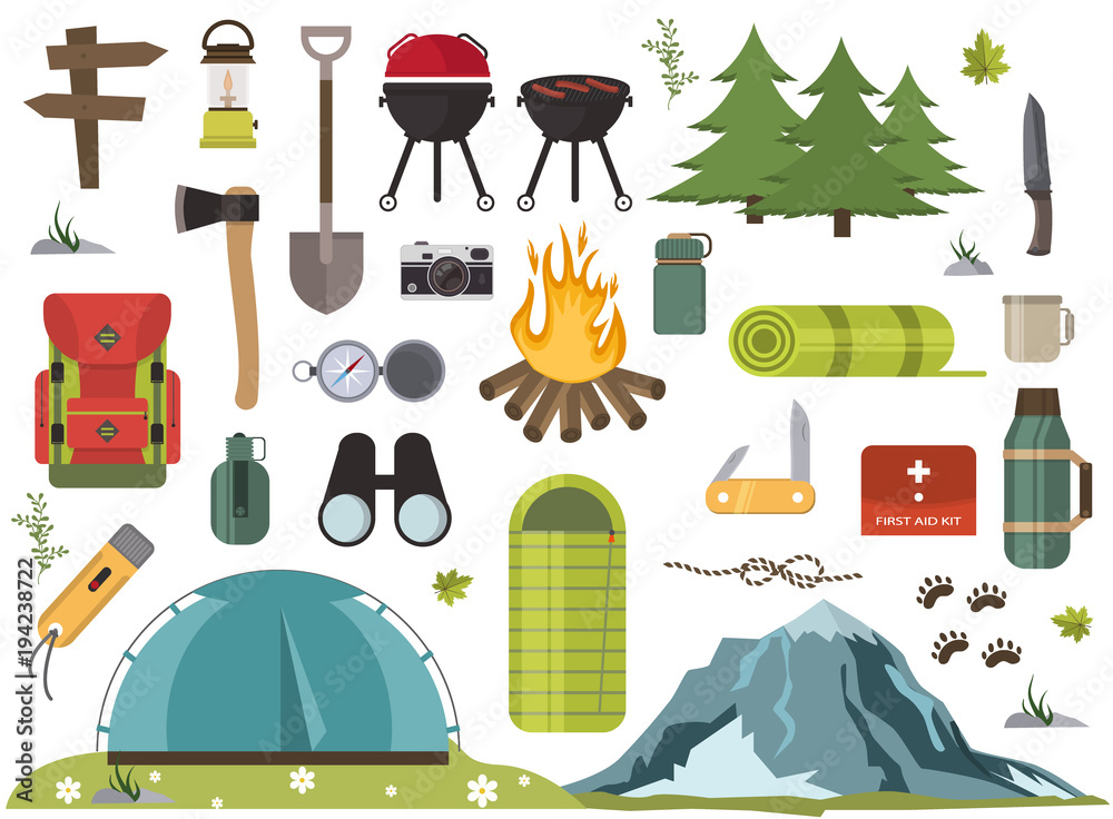 Hiking camping equipment vector campfire base camp gear and accessories  illustration. Stock Vector