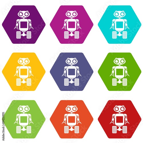 Robot on wheels icon set color hexahedron