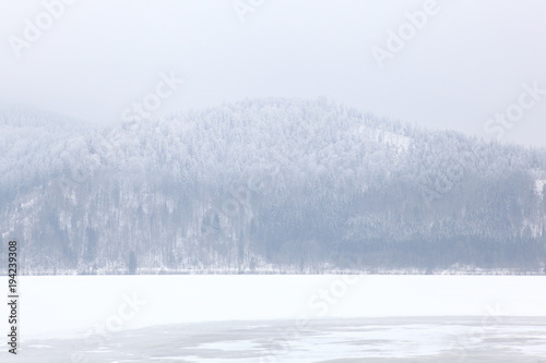 Berge mit Wald am gefrorenen Schliersee bei eisiger Kälte