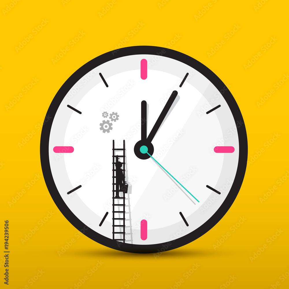 Clock Icon with Man on Ladder. Vector Time. Maintenance and Service Symbol. Clock Icon with Man on Ladder. Vector Time. Maintenance and Service Symbol.