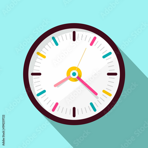 Clock Icon. Vector Flat Design Illustration on Blue Background.