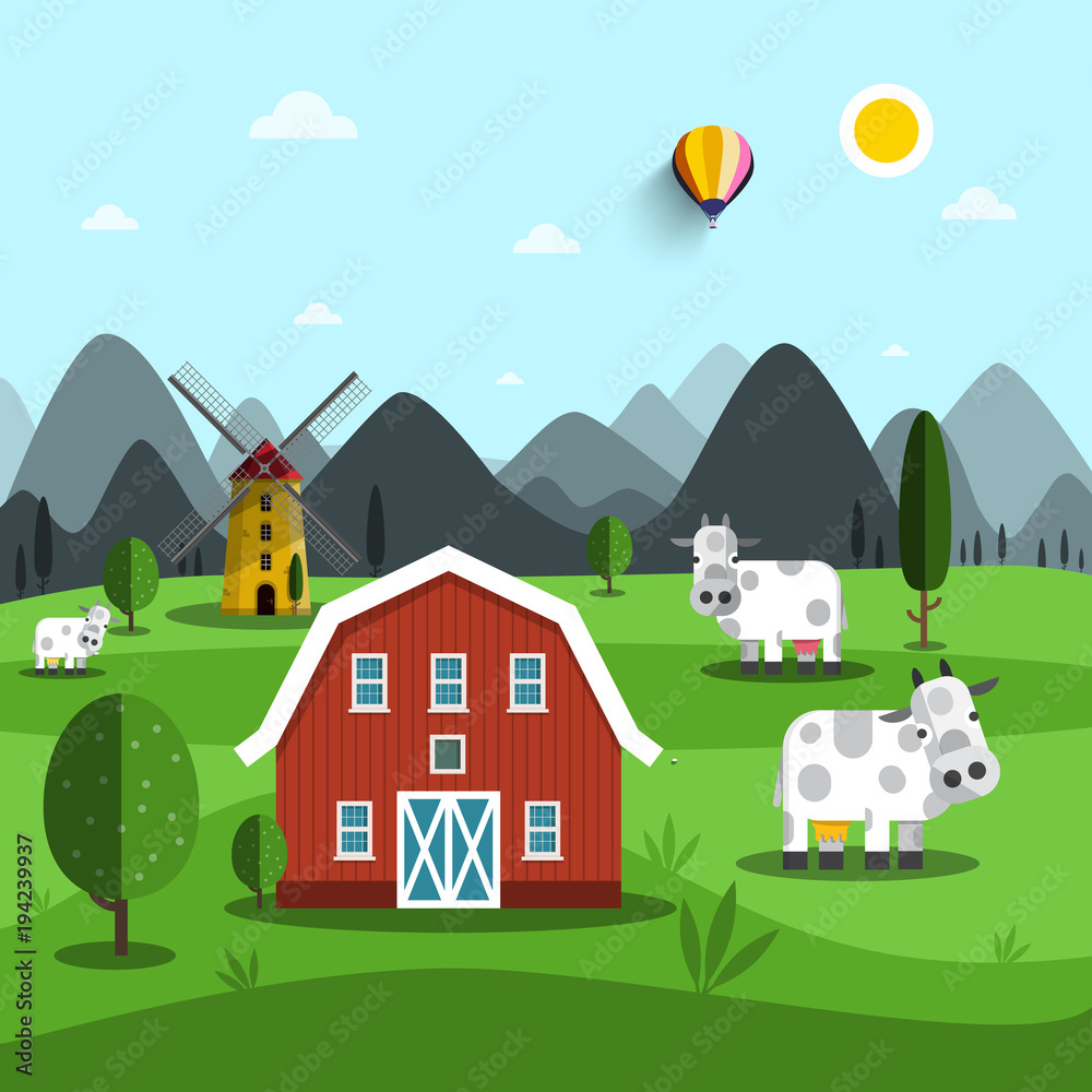 Farm Cartoon. Vector Landscape with Cows and House.