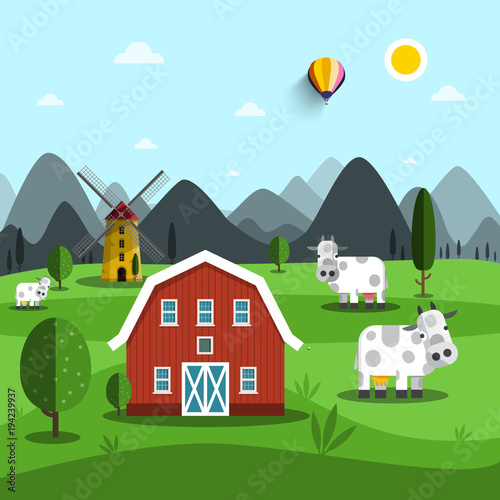 Farm Cartoon. Vector Landscape with Cows and House.