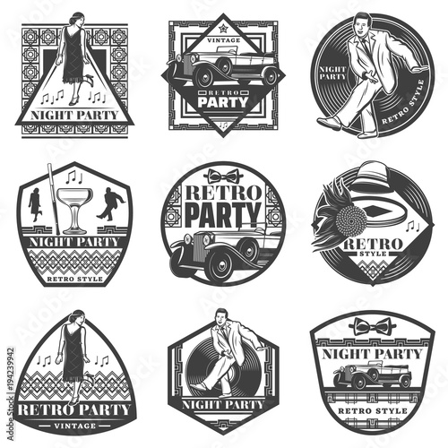 Vintage Monochrome Retro Party Labels Set