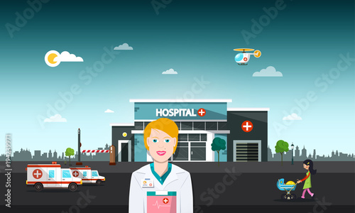 Hospital Building with Doctor. Vector Urban Landscape.
