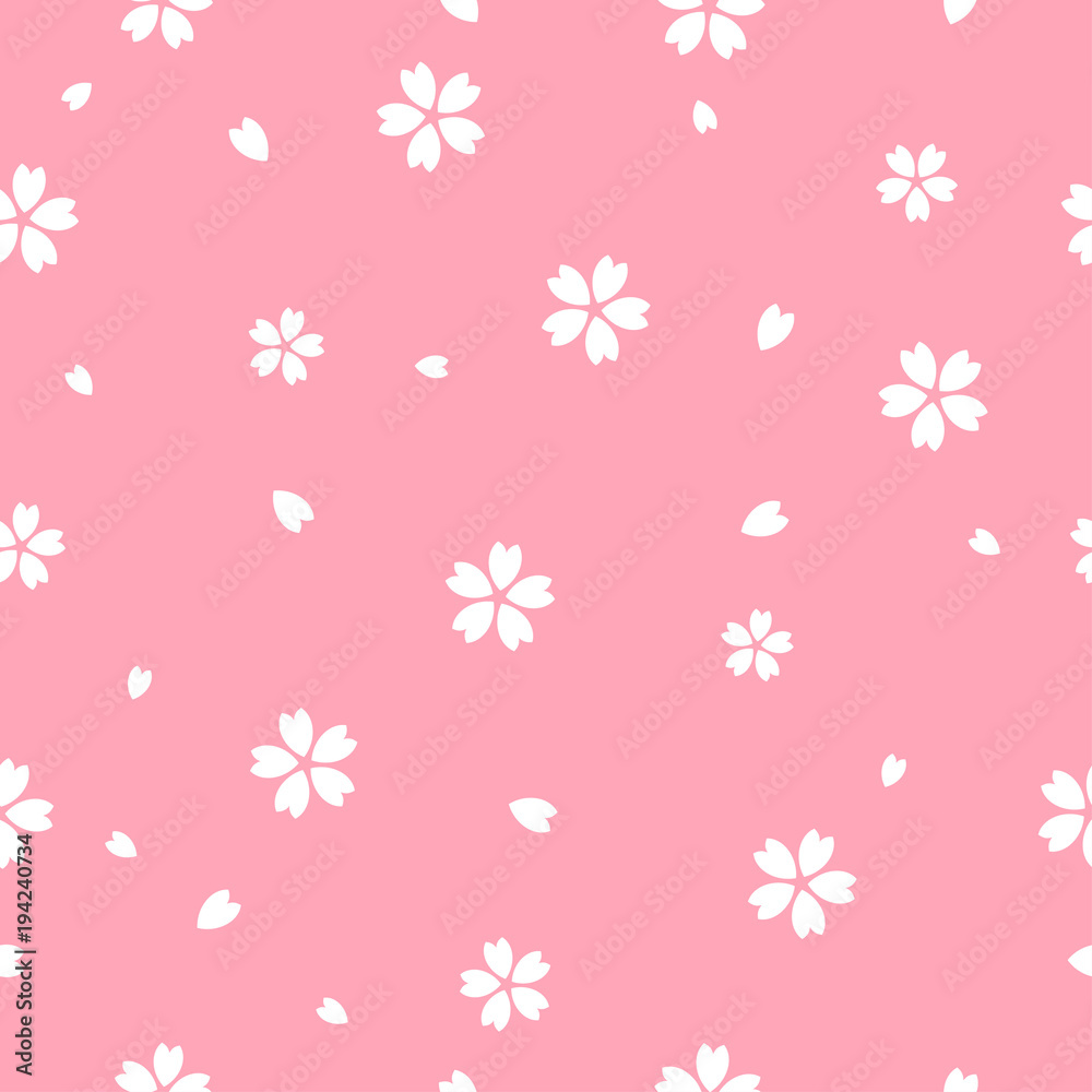 Seamless pattern with realistic flying pink rose petals on white  transparent background. Repeating texture with voluminous blurred falling  sakura petal. Vector illustration with blur effect. Stock Vector