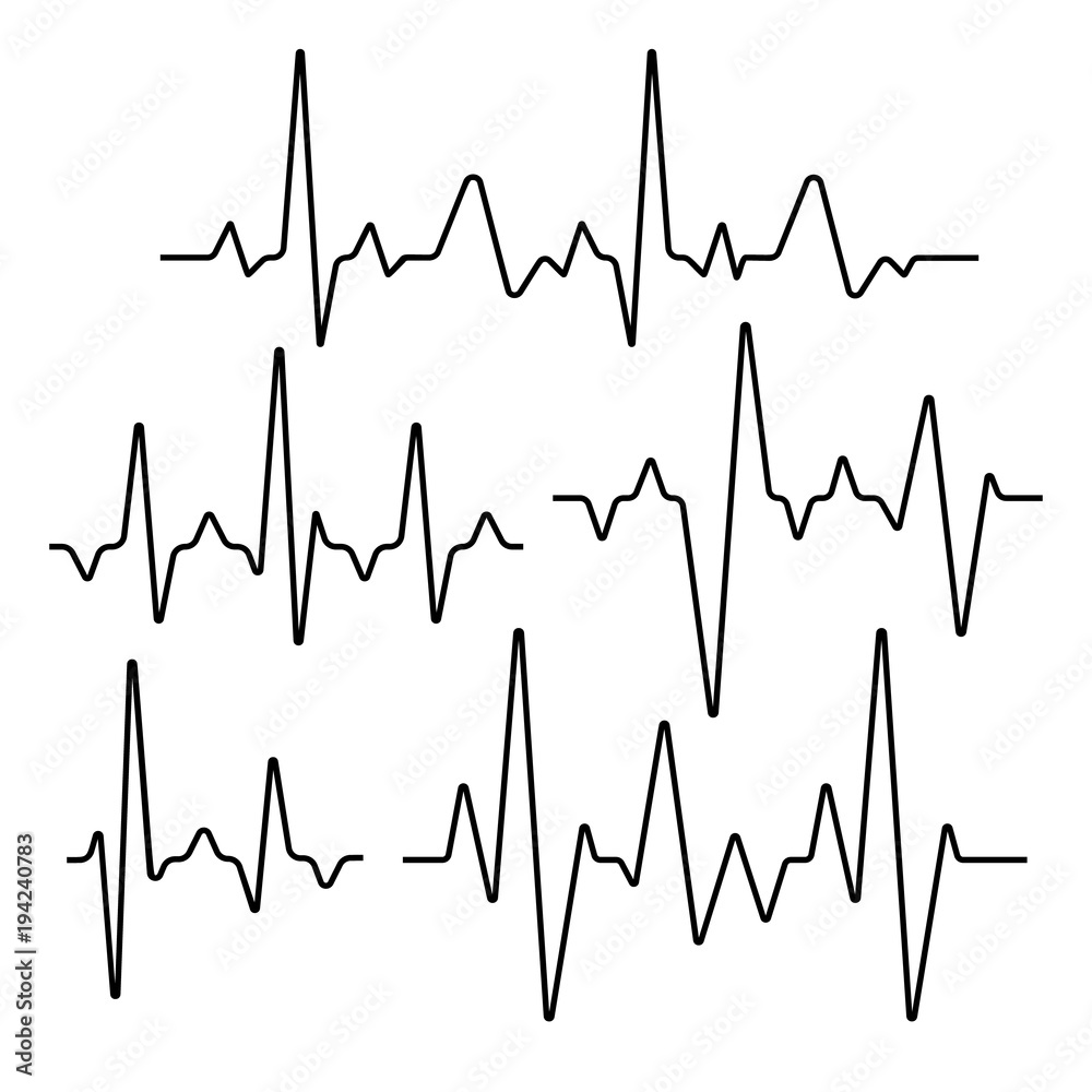 Set of isolated heartbeat lines. Seismic sinusoidal signs illustration