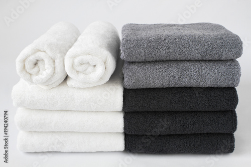 Stack of bath towels isolated on white background. photo