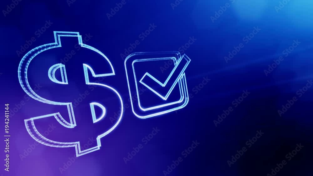 dollar sign and emblem of tick. Finance background of luminous particles. 3D seamless animation with depth of field, bokeh and copy space for your text. blue color v1 dollar sign and emblem of tick. Finance background of luminous particles. 3D seamless animation with depth of field, bokeh and copy space for your text. blue color v1