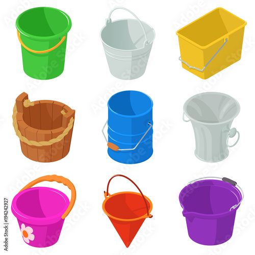 Bucket types container icons set, isometric style