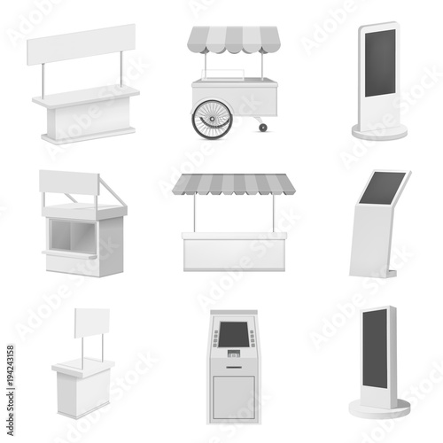 Kiosk stand booth mockup set, realistic style