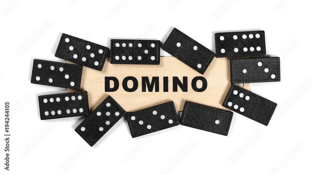 Black dominoes with box, pieces isolated on white background, top view Black dominoes with box, pieces isolated on white background, top view