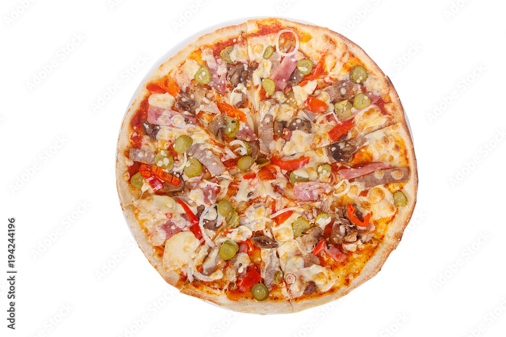 Pizza whole round, cut into pieces, on a white isolated background. Fast food in a pizzeria, a floury cheese product. View from above Pizza whole round, cut into pieces, on a white isolated background. Fast food in a pizzeria, a floury cheese product. View from above