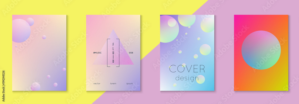 Fluid poster set with round shape. Gradient circles on holographic background. Modern hipster template for placard, presentation, banner, flyer, brochure. Minimal fluid poster in neon colors.