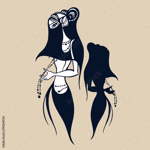 Beautiful muslim woman in black Hijab. Silhouette. Hand drawn vector illustration.