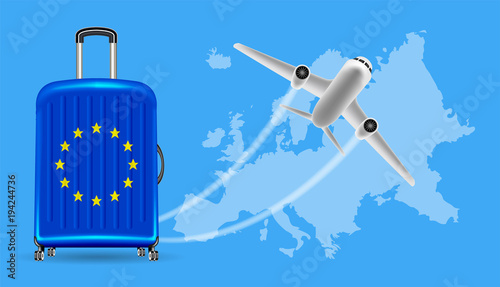 airplane travel europe with luggage on world map