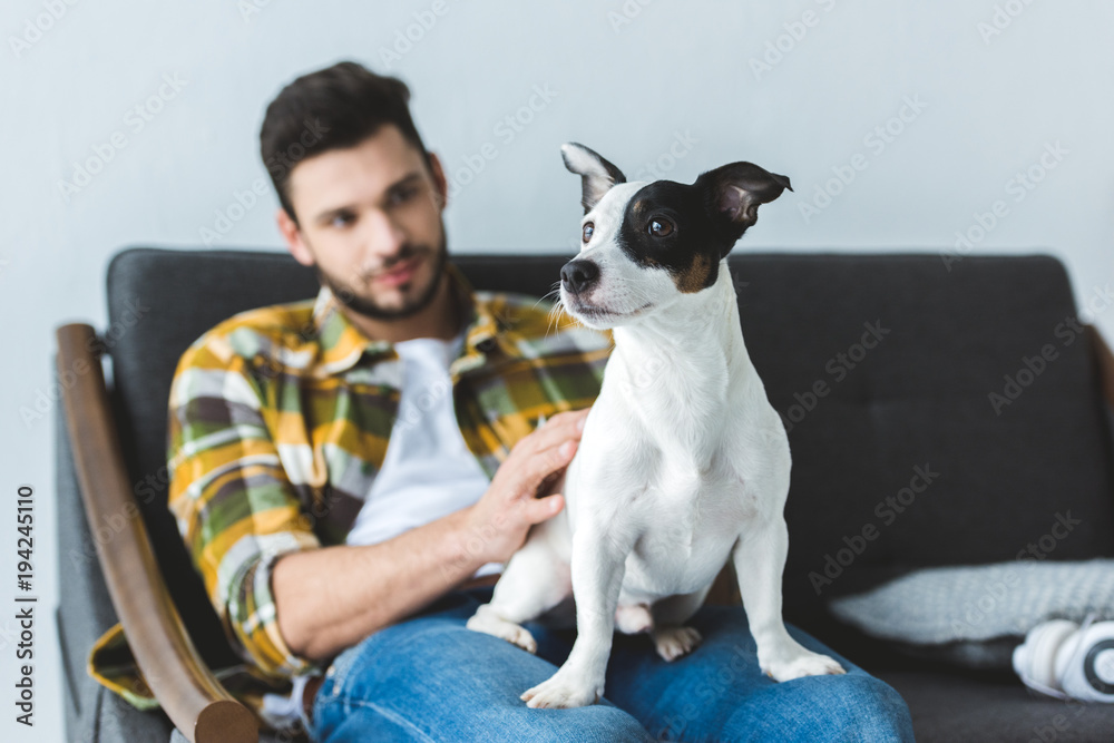 handsome man in checkered shirt sitting on sofa with dog