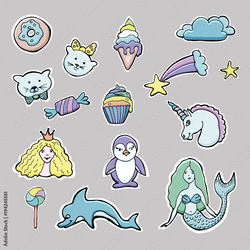 Hand drawn vector cute set of stickers. Unicorn, mermaid, princess, dolphin, kitten, penquin, cupcake, donut, ice cream.  Myphology creature. Cartoon patch badges.
