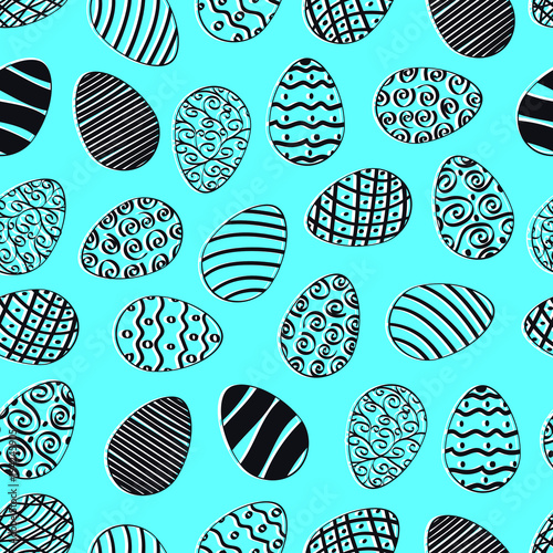 Seamless easter day egg pattern with hand drawn traditional christian black white colored eggs randomly falling on light blue background vector illustration. Glitch effect elements.