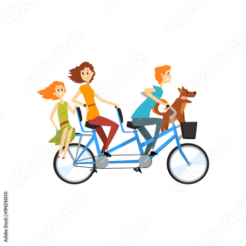 Happy family riding on long tandem bicycle, parents enjoying cycling with their daughter and dog, recreation with kids vector Illustration